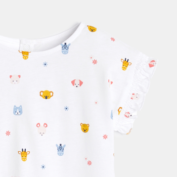 تيشيرت بأكمام مكشكشة باللون الأبيض للفتيات الصغيرات